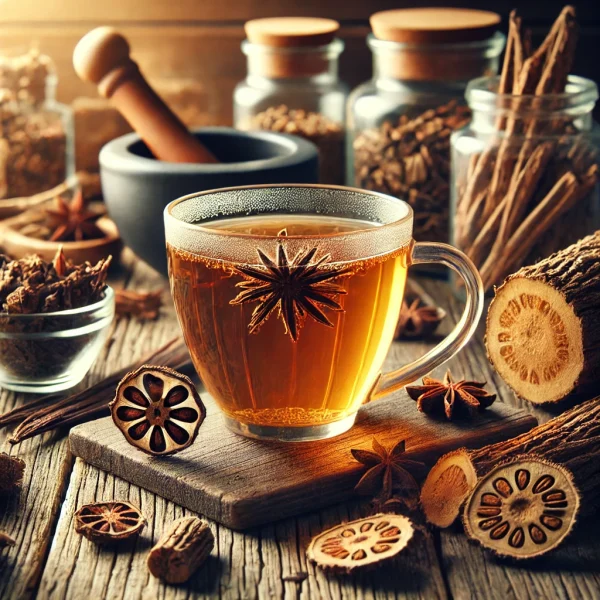 DALL·E 2025-02-13 16.15.10 - A rustic tea scene featuring a transparent glass cup filled with freshly brewed burdock and licorice root tea, exhibiting a warm golden-brown hue. Sur