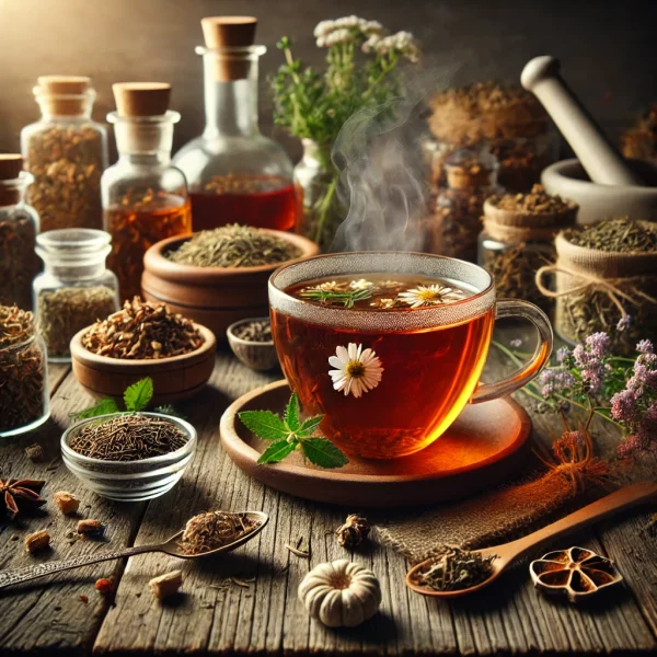 DALL·E 2025-02-13 17.02.46 - A beautifully arranged herbal tea scene in a rustic setting. A steaming glass cup of freshly brewed tea sits at the center, displaying a rich amber hu