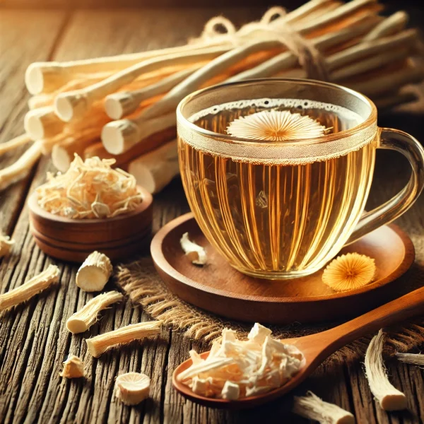 DALL·E 2025-02-08 00.34.45 - A beautifully arranged tea scene featuring a cup of freshly brewed marshmallow root tea (Althaea officinalis) in a transparent glass cup, surrounded b