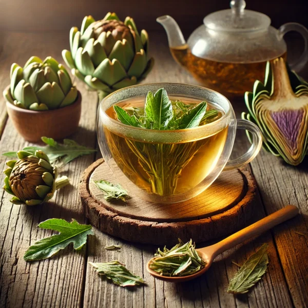 DALL·E 2025-02-08 00.47.01 - A beautifully arranged tea scene featuring a cup of freshly brewed artichoke leaf tea (Cynara scolymus) in a transparent glass cup, surrounded by drie