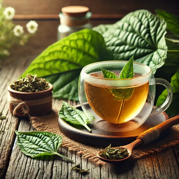 DALL·E 2025-02-08 11.04.14 - A beautifully arranged tea scene featuring a cup of freshly brewed broadleaf plantain (Plantago major) tea in a transparent glass cup, surrounded by d