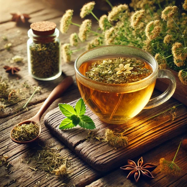 DALL·E 2025-02-08 11.46.22 - A beautifully arranged tea scene featuring a cup of freshly brewed bedstraw (Galium verum) tea in a transparent glass cup, surrounded by dried bedstra