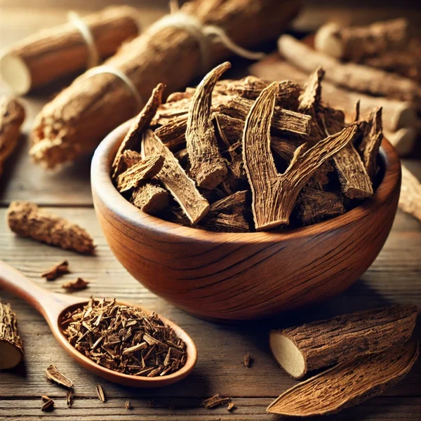 DALL·E 2025-02-08 13.08.46 - A beautifully arranged herbal remedy scene featuring dried comfrey root (Symphytum officinale) in a rustic wooden bowl, placed on a natural wooden bac