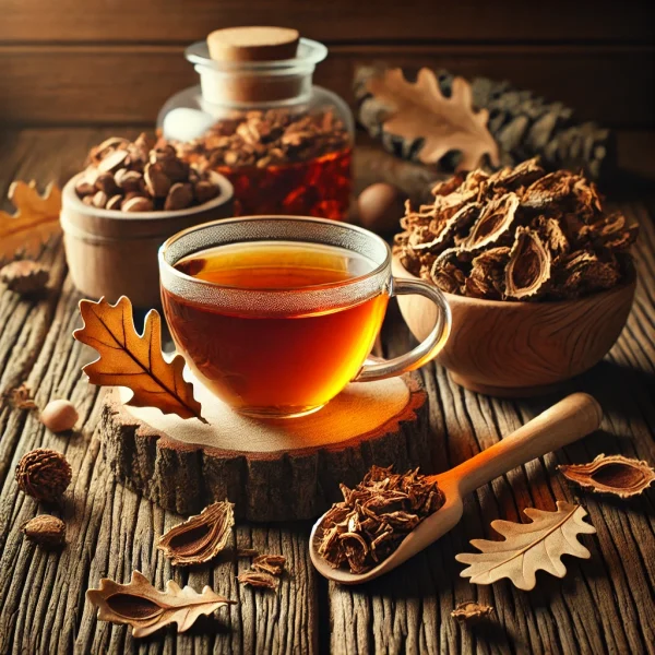 DALL·E 2025-02-08 13.38.05 - A beautifully arranged tea scene featuring a cup of freshly brewed oak bark (Quercus robur _ Quercus petraea) tea in a transparent glass cup, surround