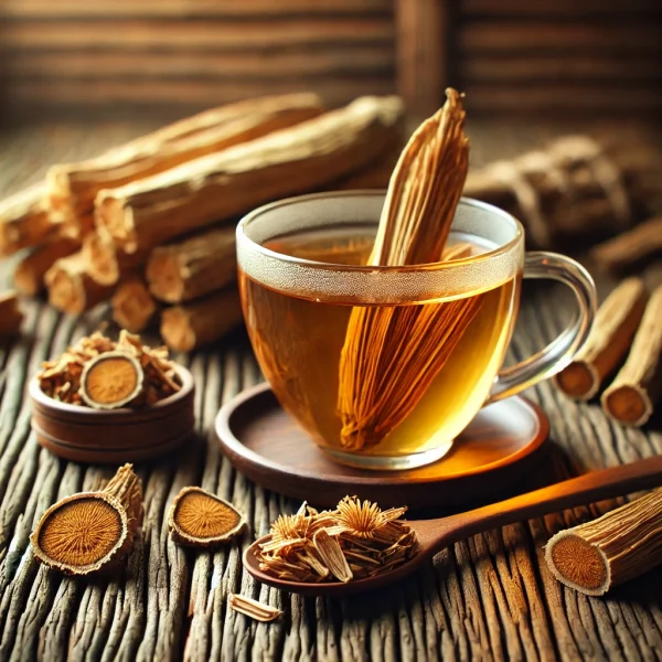 DALL·E 2025-02-08 13.49.00 - A beautifully arranged tea scene featuring a cup of freshly brewed sweet flag (Acorus calamus) tea in a transparent glass cup, placed on a rustic wood