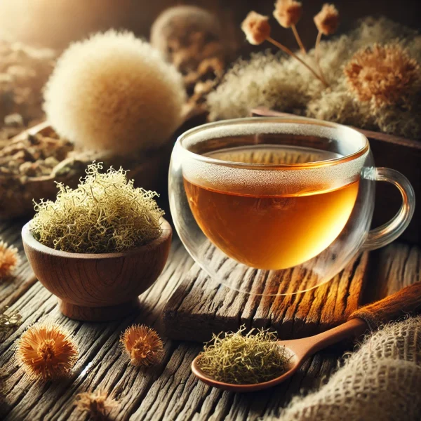 DALL·E 2025-02-08 21.25.26 - A beautifully arranged tea scene featuring a cup of freshly brewed Iceland moss (Cetraria islandica) tea in a transparent glass cup, surrounded by dri