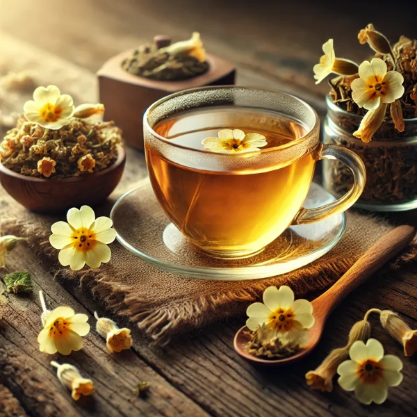 DALL·E 2025-02-08 21.34.53 - A beautifully arranged tea scene featuring a cup of freshly brewed cowslip (Primula veris) tea in a transparent glass cup, surrounded by dried cowslip