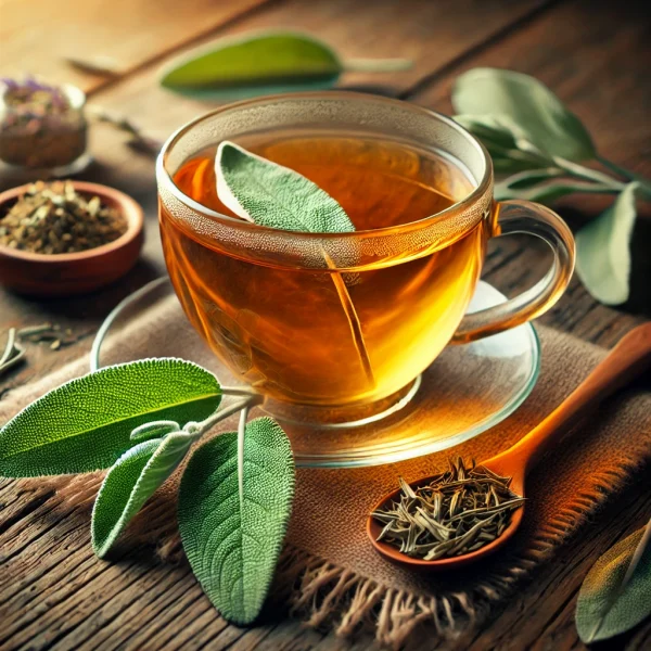 DALL·E 2025-02-08 21.44.00 - A beautifully arranged tea scene featuring a cup of freshly brewed sage (Salvia officinalis) tea in a transparent glass cup, surrounded by dried sage