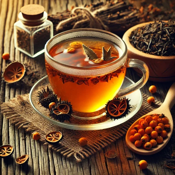 DALL·E 2025-02-09 22.45.43 - A beautifully arranged tea scene featuring a cup of freshly brewed buckthorn bark (Frangula alnus) tea in a transparent glass cup, surrounded by dried