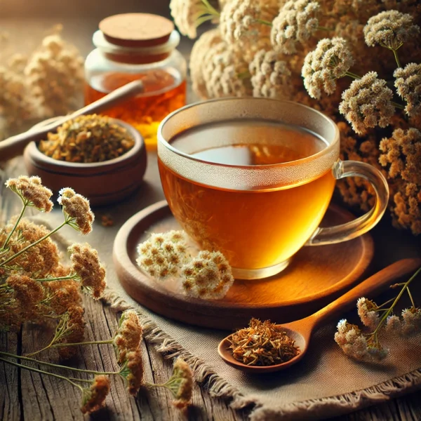 DALL·E 2025-02-10 11.11.37 - A beautifully arranged tea scene featuring a cup of freshly brewed yarrow (Achillea millefolium) tea in a transparent glass cup, surrounded by dried y