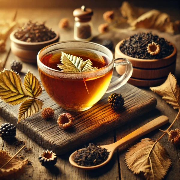 DALL·E 2025-02-10 11.17.14 - A beautifully arranged tea scene featuring a cup of freshly brewed blackberry leaf (Rubus fruticosus) tea in a transparent glass cup, surrounded by dr