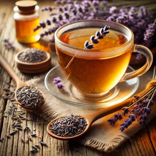 DALL·E 2025-02-10 11.45.24 - A beautifully arranged tea scene featuring a cup of freshly brewed lavender (Lavandula angustifolia) tea in a transparent glass cup, surrounded by dri