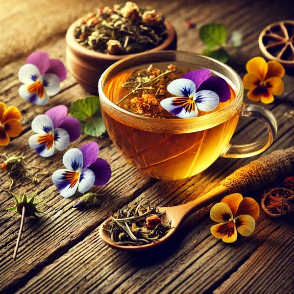 DALL·E 2025-02-10 13.58.19 - A beautifully arranged tea scene featuring a cup of freshly brewed wild pansy (Viola tricolor) tea in a transparent glass cup, surrounded by dried wil