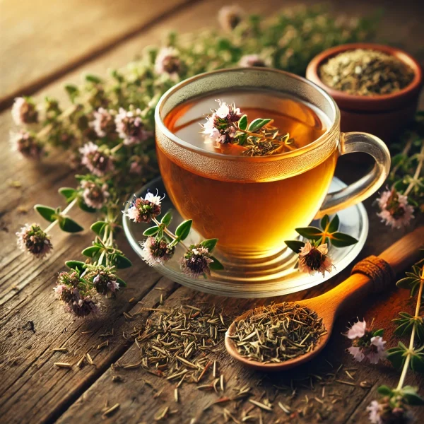 DALL·E 2025-02-10 14.04.13 - A beautifully arranged tea scene featuring a cup of freshly brewed wild thyme (Thymus serpyllum) tea in a transparent glass cup, surrounded by dried w