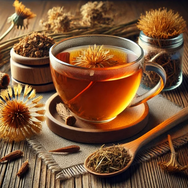 DALL·E 2025-02-10 14.22.19 - A beautifully arranged tea scene featuring a cup of freshly brewed dandelion root (Taraxacum officinale) tea in a transparent glass cup, surrounded by