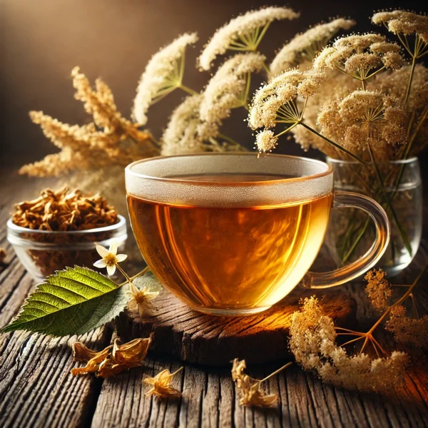 DALL·E 2025-02-12 11.42.13 - A beautifully arranged tea scene featuring a cup of freshly brewed meadowsweet (Filipendula ulmaria) tea in a transparent glass cup. Surrounding the c