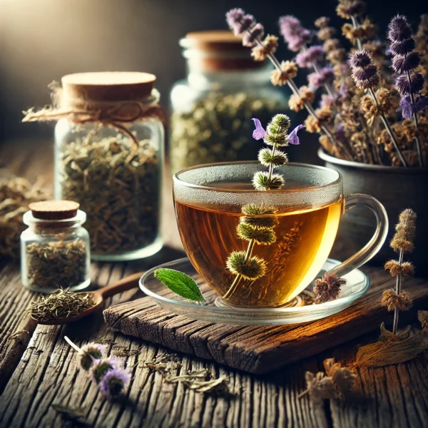 DALL·E 2025-02-12 11.52.53 - A beautifully arranged tea scene featuring a cup of freshly brewed hyssop tea (Hyssopus officinalis) in a transparent glass cup, placed on a rustic wo