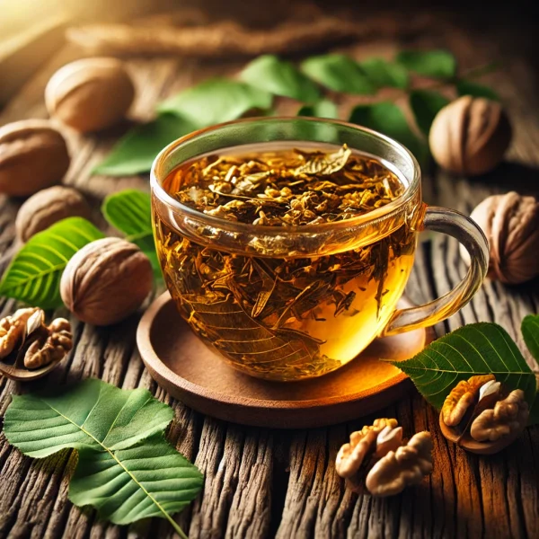DALL·E 2025-02-12 12.39.14 - A beautifully arranged tea scene featuring a transparent glass cup filled with freshly brewed walnut leaf tea (Juglans regia). The tea has a warm gold