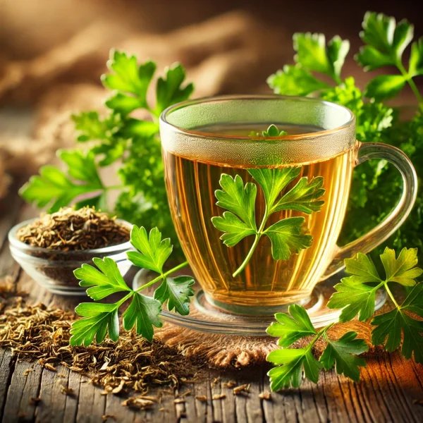 DALL·E 2025-02-12 13.33.26 - A beautifully arranged tea scene featuring a transparent glass cup filled with freshly brewed parsley leaf tea. The tea has a light golden-green hue.