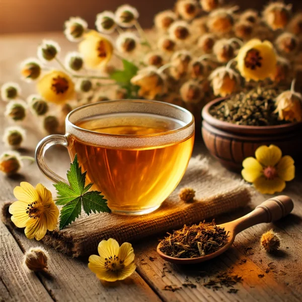 DALL·E 2025-02-12 20.34.01 - A beautifully arranged tea scene featuring a glass cup of freshly brewed Agrimonia eupatoria (petrovac) tea with a golden-yellow hue. Dried petrovac l