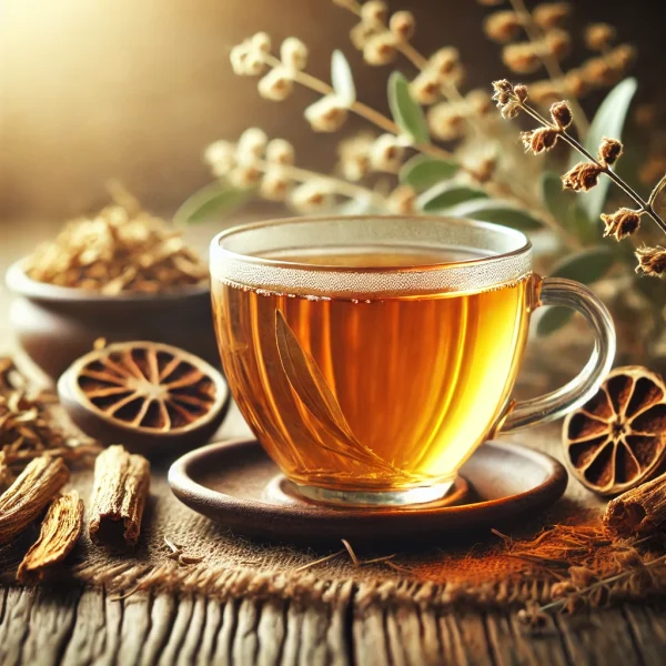 DALL·E 2025-02-12 20.41.54 - A beautifully arranged tea scene featuring a glass cup filled with freshly brewed herbal tea made from Elymus repens (pirika). The tea has a warm gold