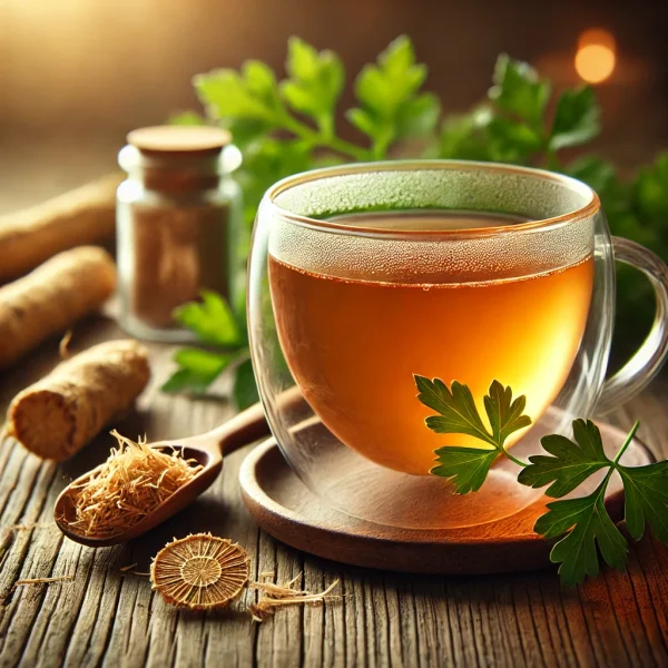 DALL·E 2025-02-12 20.53.32 - A beautifully arranged tea scene featuring a cup of freshly brewed parsley root tea. The tea is a warm golden color, served in a transparent glass cup