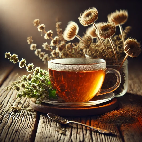 DALL·E 2025-02-13 00.01.51 - A beautifully arranged tea scene featuring a glass cup filled with freshly brewed herbal tea. Surrounding the cup are dried Herniaria glabra (sitnica)