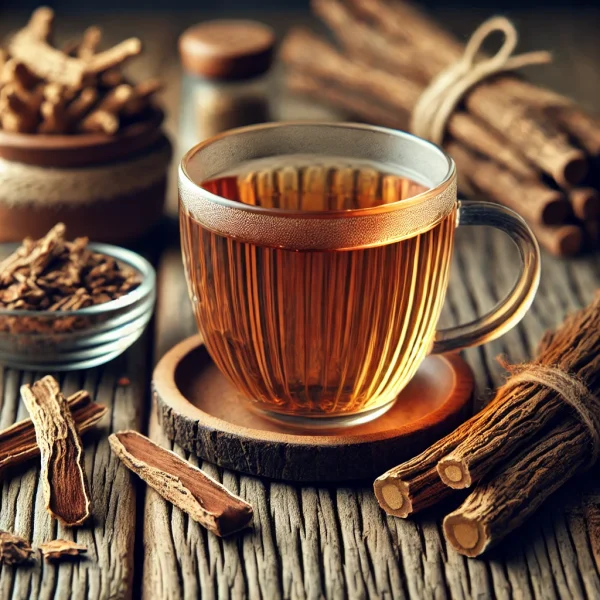 DALL·E 2025-02-13 00.08.06 - A beautifully arranged tea scene featuring a glass cup of freshly brewed licorice root tea (Glycyrrhiza glabra). The tea has a rich golden-brown hue,