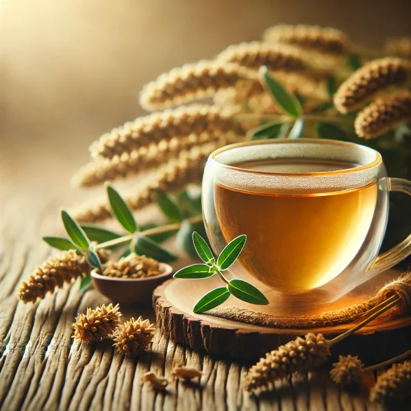 DALL·E 2025-02-13 12.33.00 - A beautifully arranged herbal tea scene featuring a glass cup of freshly brewed knotgrass (Polygonum aviculare) tea. The tea is a warm golden color, p