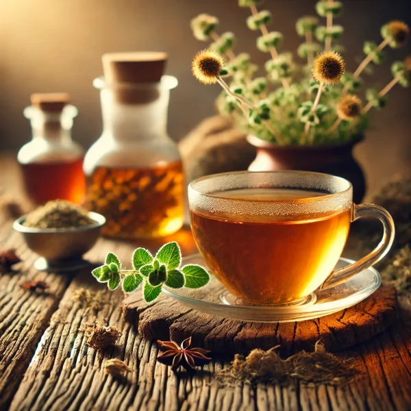 DALL·E 2025-02-13 12.57.23 - A beautifully arranged tea scene featuring a glass cup filled with freshly brewed herbal tea. Around the cup, there are dried Teucrium chamaedrys (ver