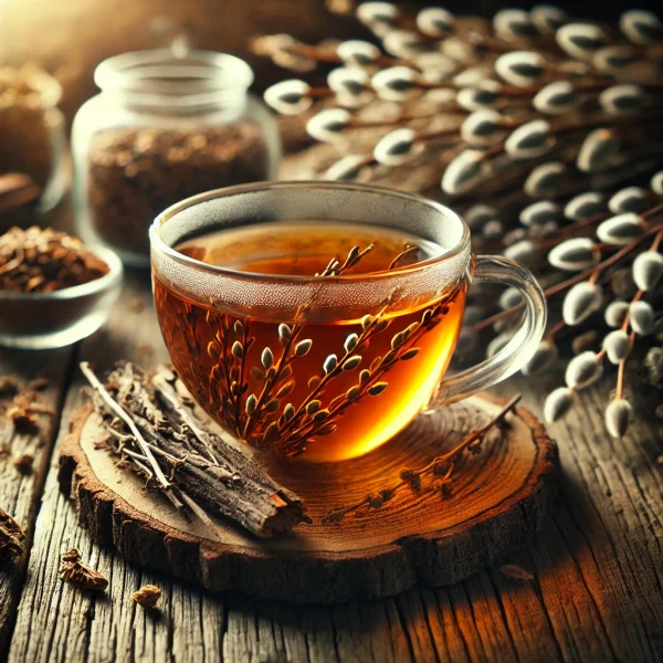 DALL·E 2025-02-13 13.13.00 - A beautifully arranged tea scene featuring a glass cup of willow bark tea. The tea has a warm, amber color and is placed on a rustic wooden surface. D