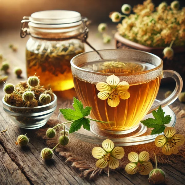 DALL·E 2025-02-13 13.26.56 - A beautifully arranged tea scene featuring a glass cup of freshly brewed herbal tea made from Alchemilla vulgaris (vrkuta). The tea has a warm golden