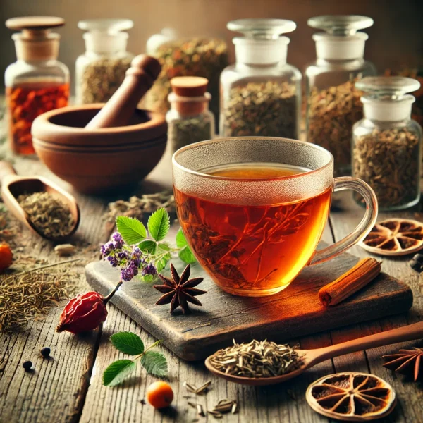DALL·E 2025-02-13 16.15.42 - A rustic tea scene featuring a transparent glass cup filled with freshly brewed herbal tea, showcasing a warm amber hue. Surrounding the cup are dried