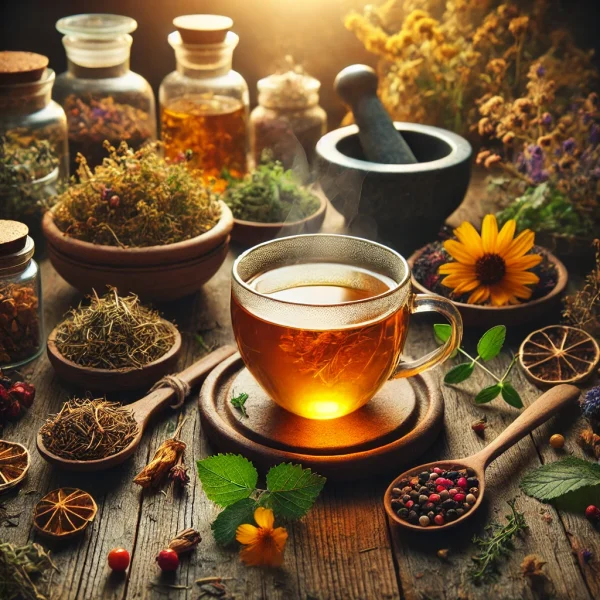 DALL·E 2025-02-13 21.28.21 - A beautifully arranged herbal tea scene in a rustic setting. A steaming glass cup of freshly brewed tea sits at the center, displaying a rich golden h