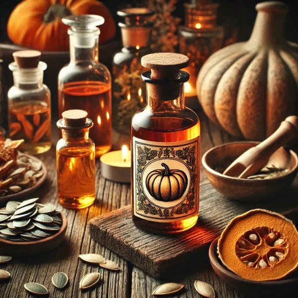 DALL·E 2025-02-18 01.07.13 - A beautifully arranged rustic herbal apothecary scene featuring a glass tincture bottle with an amber liquid. The bottle has a vintage-style label wit