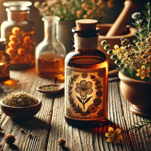 DALL·E 2025-02-18 01.08.56 - A beautifully arranged rustic herbal apothecary scene featuring a glass tincture bottle with an amber liquid. The bottle has a vintage-style label wit