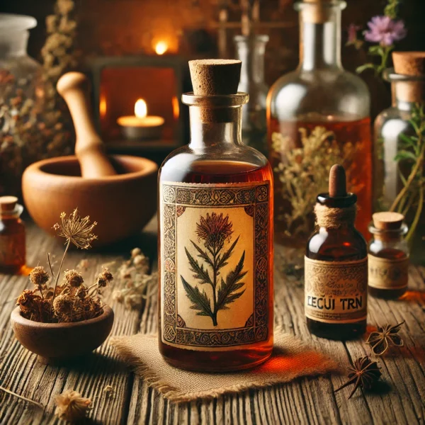 DALL·E 2025-02-20 22.26.05 - A beautifully arranged rustic herbal apothecary scene featuring a glass tincture bottle with an amber liquid. The bottle has a vintage-style label wit