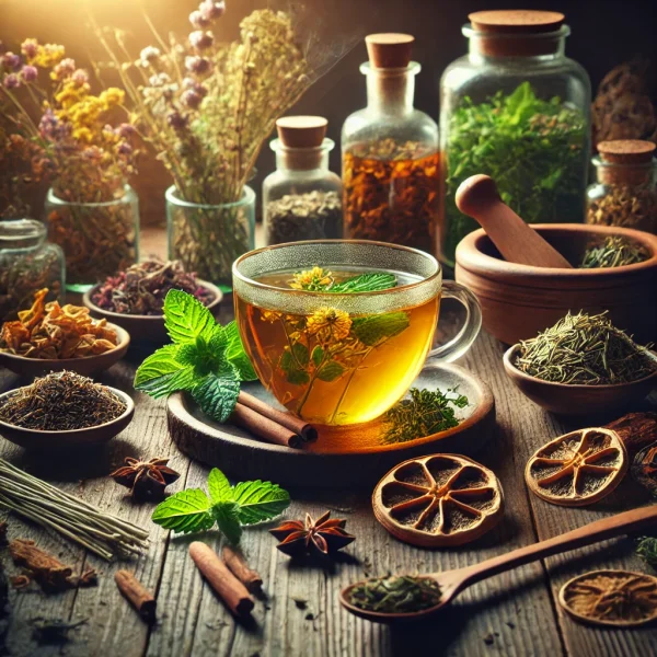 DALL·E 2025-02-13 19.23.34 - A beautifully arranged herbal tea scene in a rustic setting. A steaming glass cup of freshly brewed tea sits at the center, displaying a rich yellow-g